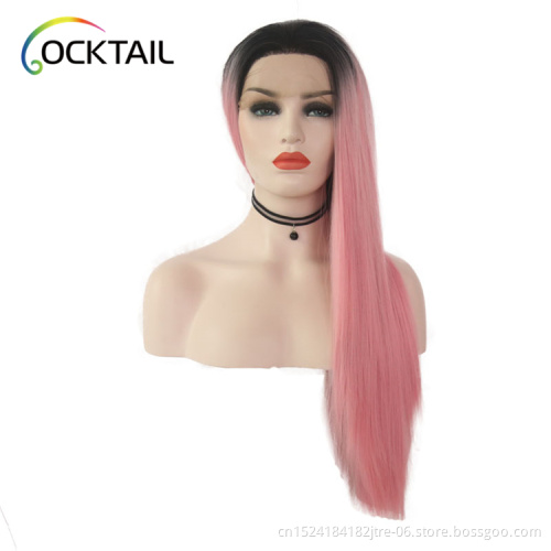 Colorful synthetic long hair wigs, wholesale ombre color silky straight longest lace front wig